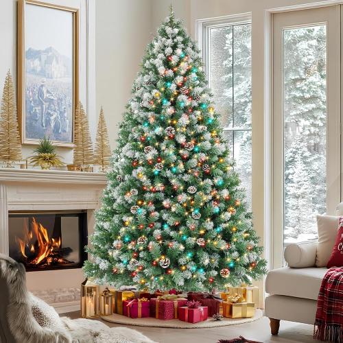 HOLLO STAR 7.5 ft Prelit Christmas Tree with 379 LED Lights, App Control, Artificial Christmas Tree, Multi-Color RGBW Lights, 1476 Flocked Frosted Tips, 86 Pine Cones, Metal Base, for Home, Party