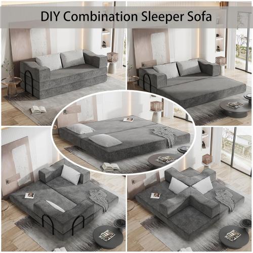 80 King Size Convertible Sofa Bed Sleeper, Foldable Futon Couch with Memory Foam & 2 Pillows, Chenille Fabric Modular Loveseat for Small Spaces, Apartment, Living Room, Studio (Gray, 80in)
