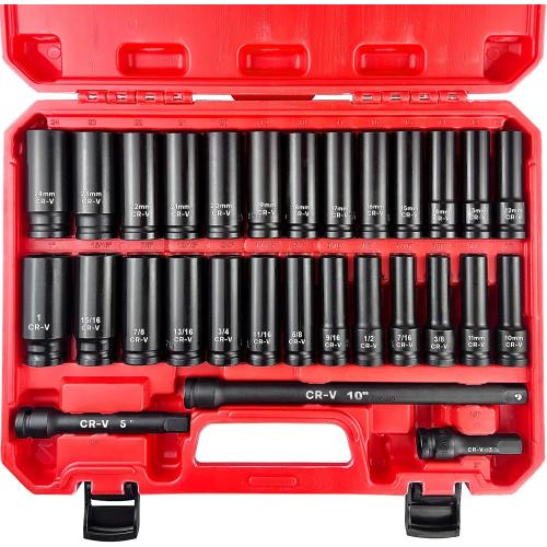 29pcs 1/2 Socket Set, Drive Deep Impact Socket Set, Including 3 , 5, 10 Impact Extension Bar, Standard SAE (3/8 - 1) and Metric (10mm-24mm), Cr-V Steel