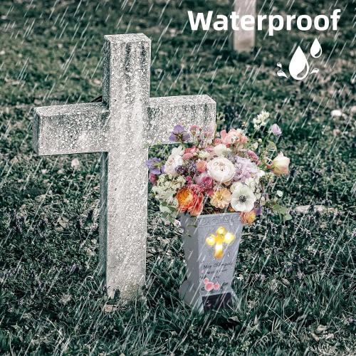DAMEING Cemetery Vase for Grave, Cemetery Decorations for Grave, Solar Lights Cross Grave Flower Vases for Cemetery, Tomb Decoration Memorial Gift for Lost Loved One