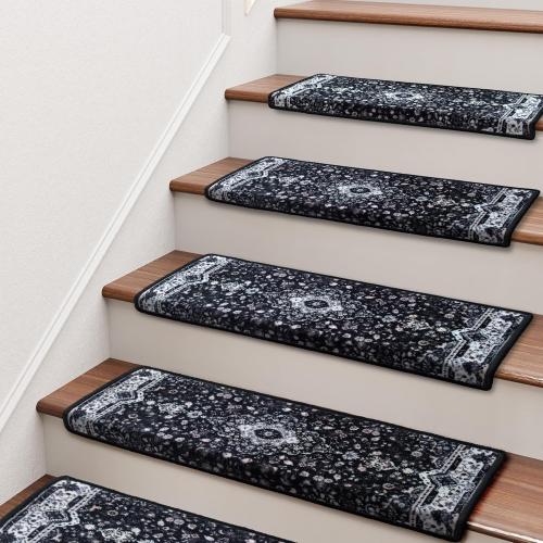 Brakki Bullnose Stair Treads for Wooden Steps, Non Slip Stair Carpet for Indoor Runner and Pets, Soft Edging Staircase Protectors Reusable, Washable, 29.5x9.5x1.5 2pcs, Black