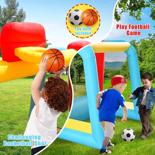 Inflatable Bounce House with Slide, Jumping Castle with Blower and Wave Pool, Basketball Rim, Football Goal