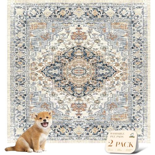 nunubaby Reusable Potty Pads for Dogs for Crates and Floors. Washable Pee Pads for Dogs, Stylish, Non-Slip and Leak-Proof Pee Pads. (Beige/Multi, 54 x54 )