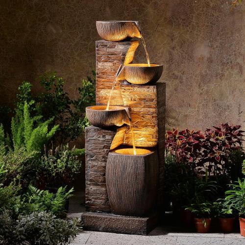 38.2 Tall Outdoor Water Fountain,Stone Texture Modern 4 Tiers Cascading Bowls Garden Fountains Outdoor,Suit for Patio, Deck, Porch, Lawns, Backyard and Home Art Decor