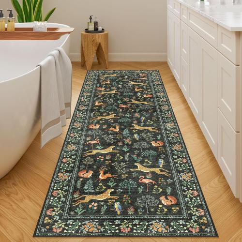 Black Animal Print DUKINO Rectangle Rug for Hallway, Washable Kitchen Runner Rug with Non Slip Backing, Soft Low Pile Vintage Animal Runner for Bedroom, Kitchen, Hallway, Entryway, Laundry, Black