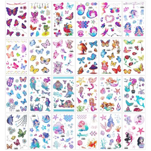 Konsait Glitter Temporary Tattoos for Kids,  Butterfly Mermaid Fairy Flowers Tattoo Stickers, Waterproof Fake Tattoos for Birthday Favors, Goodie Bags Stuffers & Party Accesorries