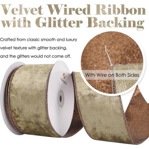 HUIHUANG Brown Velvet Wired Ribbon 2.5 inch Velvet with Glitter Copper Brown Christmas Ribbon for Tree Decorations, Bows, Wreath, Garland, Gift Wrapping, Fall Decor- Continuous 10 Yards