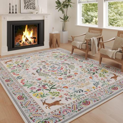 8x10 Area Rugs for Living Room Washable Rug Floral Non-Slip Large Rug for Living Room, Bedroom, Farmhouse, Dining Room, Kids Playroom(Colorful)