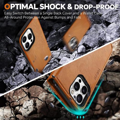 TUCCH Wallet Case for iPhone 16 Pro, [Removable] 2 in 1 [Wireless Charging] RFID Blocking [4 Card Holders] PU Leather Cover, Magnetic Detachable Folding Stand Folio Case for iPhone 16 Pro, Light Brown