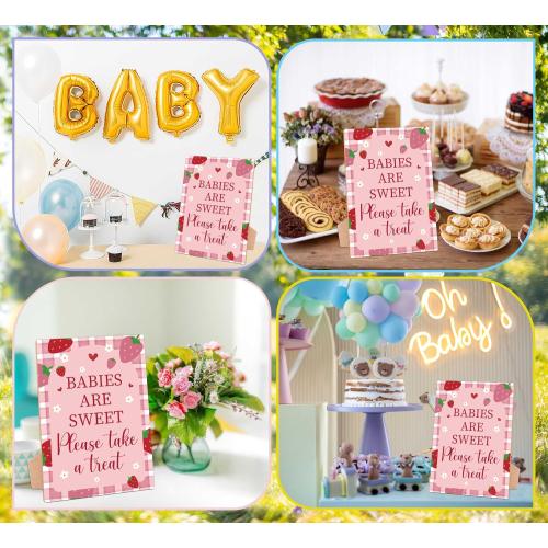 Strawberry Baby Shower Table Sign, Babies Are Sweet Please Take a Treat Sign, Pack of 1 Wooden Tabletop Sign with Stand, Berry Baby Shower Supplies, Gender Reveal Party Decorations - RG57