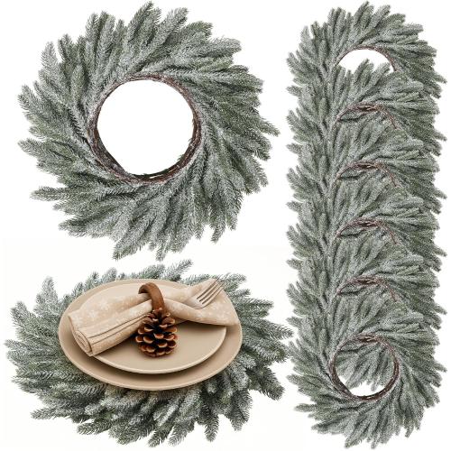 Christmas Placemats Set of 6 Round Greenery Place Mats Xmas Circular Artificial Wreath Dining Table Decor Winter Fake Plants Branches Mats for Kitchen Accessories (Norfolk and Powder Snow)