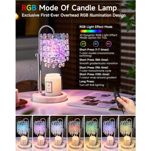 Candle Warmer Lamp with Timer & Dimmable Crystals Candle Lamp Warmer with RGB Mode, Adjustable Height Electric Candle Warmer with 3 Bulbs for Women Mom House Warming Gifts New Home Room Decor