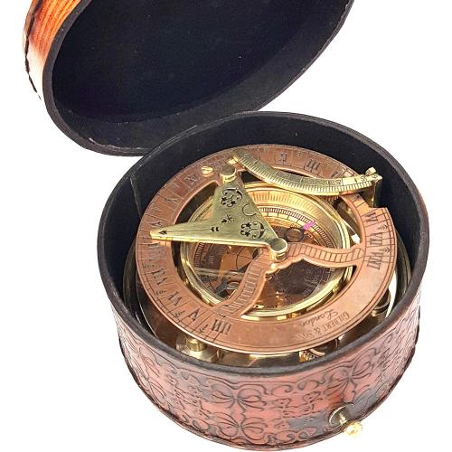Brass Nautical - Antique Brass & Copper Sundial Compass, Sundial Clock in Box Gift Sun Clock Ship Replica Watch