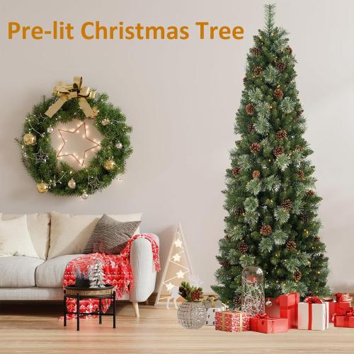 Size 6.5 Ft Prelit Christmas Tree, Artificial Pencil Christmas Tree with 250 LED Lights, Pine Needles and Pine Cones Xmas Decoration for Home