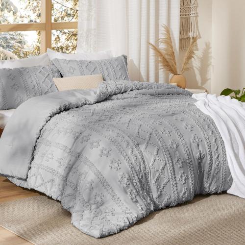 90X90 size Bedsure Tufted Boho Comforter Set90x90 Size - Light Grey Boho Bed Set, GentleSoft™ 3 Pieces Farmhouse Shabby Chic Embroidery Bedding, Gifts for Woman, Soft Jacquard King Comforter for All Seasons