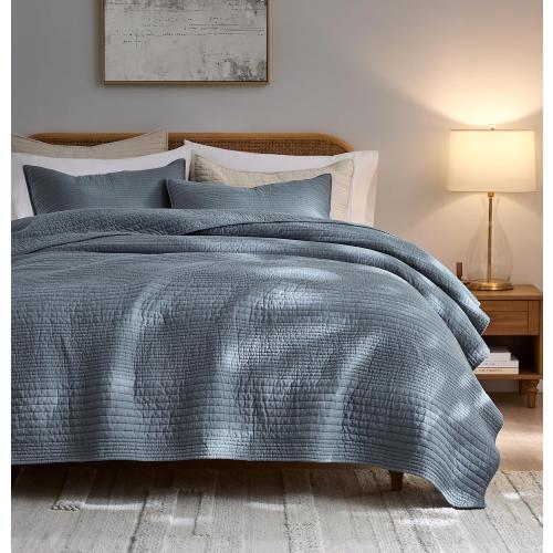 palassio Striped Blue Grey 100% Cotton Quilt King Size Bedding Sets, Lightweight Crinkly Channel Pick Stitch Textured Bedspread Soft Shabby Chic Farmhouse Country Coverlet for All Season, 2 Shams