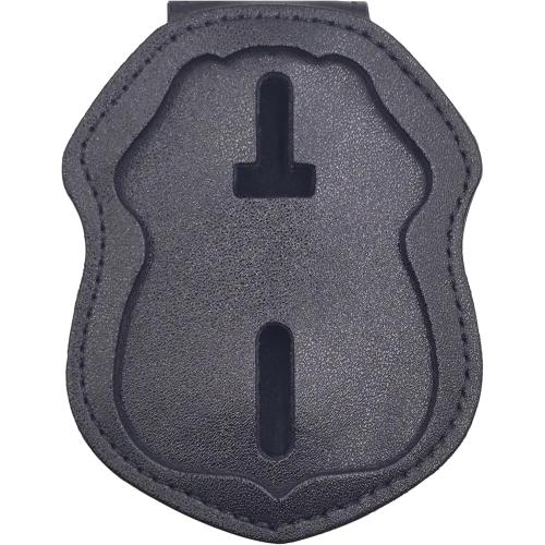 Color Black Police Badge Holder Made of Cowhide Universal Black with Leather Belt Buckle Hook Buckle and Stainless Steel Bead Chain Law Enforcement Officer Gifts Polygonal
