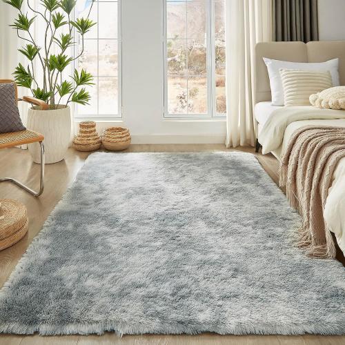 Floralux 5x7 Area Rug for Bedroom, Tie-Dye Light Grey, Living Room Shag Rugs, Non-Slip Shaggy Floor Carpet for Teens Dorm, Bedside, Playroom, Nursery, Home Decor Aesthetic