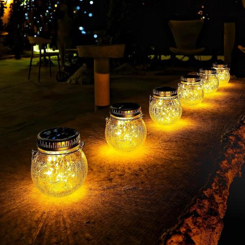 Cooo 2 Pack Crackle Glass Solar Lantern with 30 LED Firefly Lights– Waterproof Outdoor Hanging Lamp 215% Larger Solar Panel, Anti-Rust Lids Decorative Lighting for Garden Patio Table