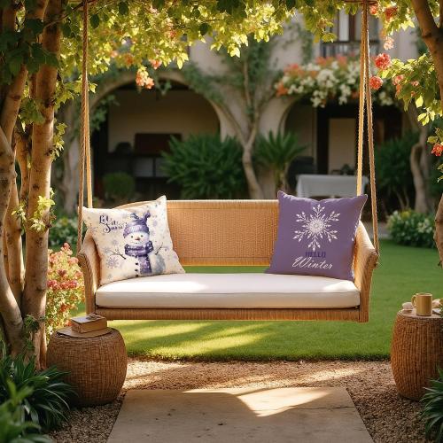 Purple Christmas Snowflake Snowman Pillow Covers 18x18 Set of 2, Winter Home Decor, Purple Hello Winter Snowman Holiday Xmas Decorative Pillow Covers for Home Living Room Bedroom