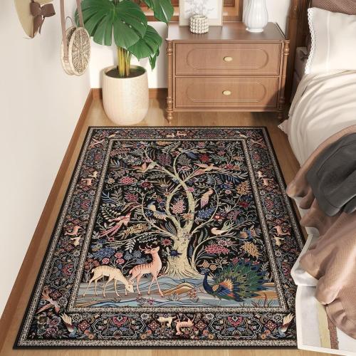 Vibrant Tree of Life-Patterned Vintage Washable Rugs Non Slip Low Pile Small Carpet for Bedroom Bedside Kids Room Office Dining Room, Black