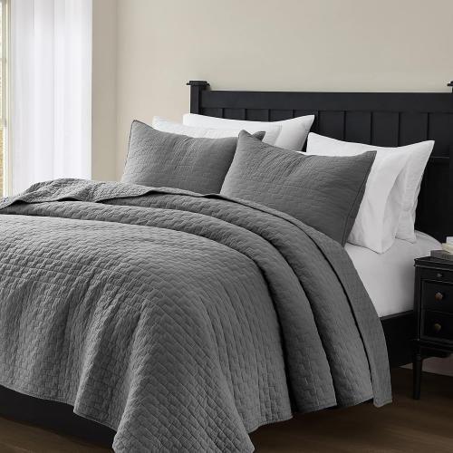 palassio Dark Grey 100% Cotton Quilt Queen Size Bedding Sets with 2 Pillow Shams, Textured Lightweight Soft Bedspread Shabby Chic Coverlet, Quilted Comforter Bed Cover for All Season, 3 Pieces