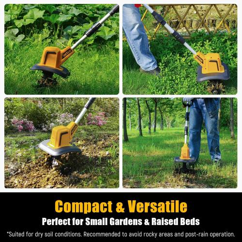 RETEK Adjustable Cordless Tiller, Compatible with Dewalt 20V Battery(Tool Only), 360RPM Electric Garden Tiller, 9.06In Tilling Width & 7.09In Depth, Portable Tiller for Flower Beds/Plant Cultivation
