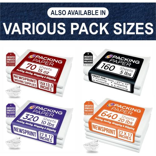 Purple Papers White Bulk Packing Paper | 320 sheets | 27 x 17 | 10 lb | Sheets for Moving - Newsprint Paper - Must Have in Your Moving Supplies | Newsprint Papers | Packaging Paper