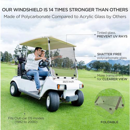 Club Car DS Windshield 1982-2000.5 Models Golf Cart Windshield Club Car Windshield Replacement Foldable Tinted UV Protection and Impact Resistant PC Shield