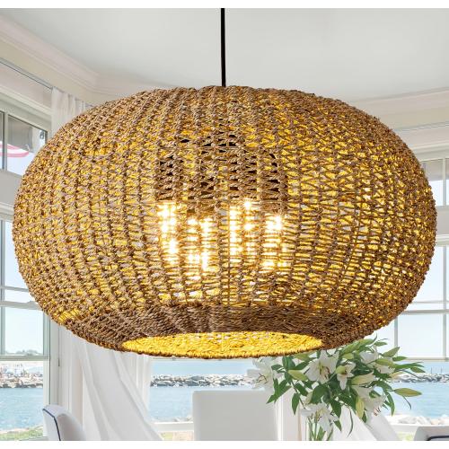 22.83in Large Rattan Chandelier Wicker Hand-Woven Pendant Light | Boho Light Fixture Farmhouse Ceiling Hanging Lighting for Living Room Kitchen Island Dining Room Hallway, 4-Lights