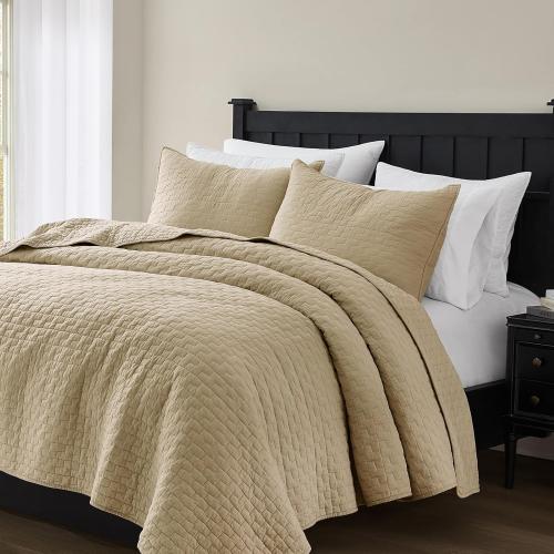 palassio Dark Beige 100% Cotton Quilt King Size Bedding Sets with 2 Pillow Shams, Textured Lightweight Soft Bedspread Shabby Chic Coverlet, Quilted Comforter Bed Cover for All Season, 3 Pieces