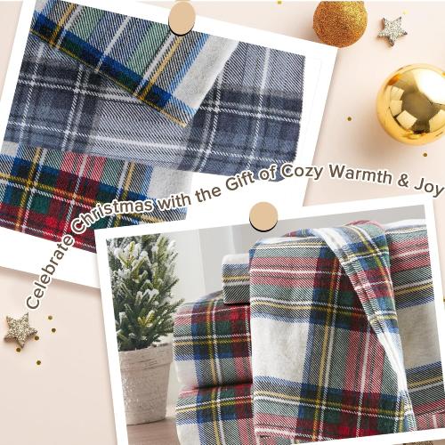 Comfort Spaces Cotton Flannel Sheets Cal King Size, Ultra Soft Flannel Sheet Set with 14 Elastic Pocket Fits up to 16 Mattress, Plain Print Warm Flannel Bedding, Scottish Plaid Red 4 Piece