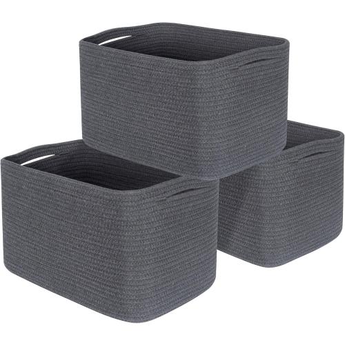 MINTWOOD Design 3-Pack Decorative Woven Storage Baskets for Shelves, Cube Bin Box for Organizing Books, Shoes, Dog Toys, Pantry Closet and Living Room Organizer, Charcoal Gray