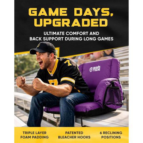 BRAWNTIDE Stadium Seat for Bleachers with Back Support - Wide Padded Reclining Bleacher Seat, Portable Folding Stadium Chair with Armrests, Hooks, Straps, Cup Holders & Pockets (Purple, 21)