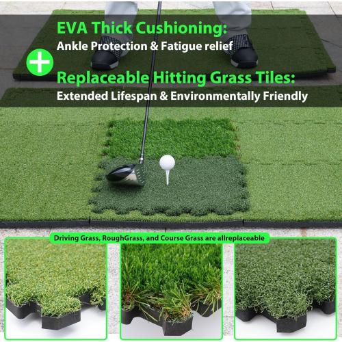 6.3'*3.8' GAIARENA Golf Hitting Mat Premium Indoor & Backyard Practice Mat for Golf Simulator with Interchangeable Tri-Turf Tiles Course Driving Rough Grass 6.3'*3.8'