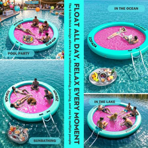 Inflatable Water Hammock Round Floating Ring,8/10/12FT Heavy Duty Pool Float for Adults,Inflatable Tanning Pool Float Island Dock for Lake/River/Ocean,w/Cup Holder,10FT&12FT Include 4-Step Soft Ladder