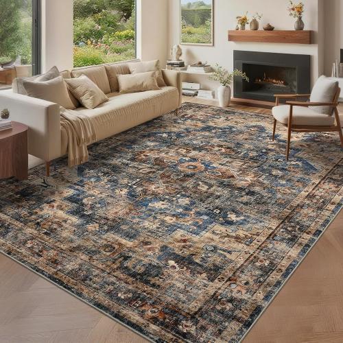 GarveeHome 10x13 Washable Vintage Living Room Area Rug: Vintage Machine Washable Area Rug for Living Room Indoor Large Non-Slip Bedroom Carpet Low Pile Stain Resistant Dining Room Carpet Blue&Brown