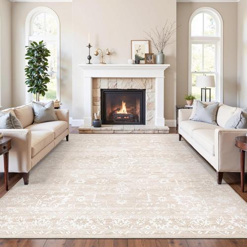 Size 8x10 Color White Area Rugs for Living Room, Stain Resistant Washable Rugs for Dining Room, Kitchen, Floral Vintage Non-Slip Thin Large Beige Rug