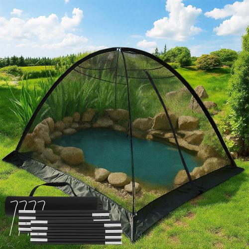 Pond Cover Dome Net 8x10ft Netting Pond Covering Tent with Zipper Storage Straps, Fiberglass Poles, Ground Nails, Tie Ropes for Outdoor Garden Fish Pool Protection from Leaves Animals