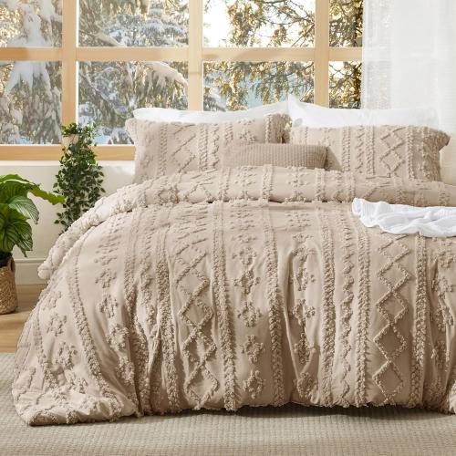 Bedsure Tufted Boho Comforter Set Queen Size - Khaki Boho Bed Set, GentleSoft™ 3 Pieces Farmhouse Shabby Chic Embroidery Bedding, Gifts for Woman, Soft Jacquard Queen Comforter for All Seasons