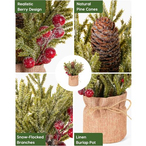 Velener Artificial Christmas Flowers for Outdoor-3 Pcs Faux Pine Branches with Red Berries & Pinecones, Fake Christmas Greenery Stems with Burlap Bag Vase, Winter Norfolk Pine Branches for Indoor