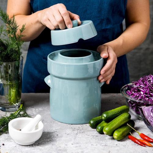 Fermentation Crock Jar Sauerkraut Crock -For Onggi Kimchi Pot (1.3 Gallon) Ceramic Fermenting Crock with Glazed Weights for Fresh Chinese Pickle, Kimchi & Kombucha - Stoneware Pickling Crock