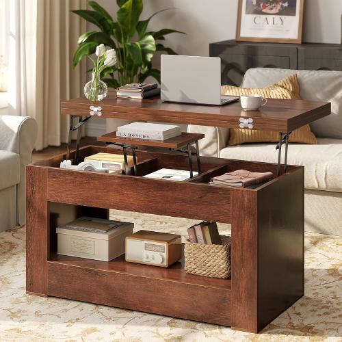 40 Lift Top Coffee Table, 4 in 1 Multi-Function Lift Coffee Table with Storage and Hidden Compartment, Convertible Coffee Tables to Dining Table for Living Room, Walnut