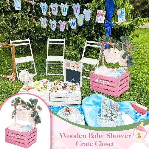 Barydat Wooden Baby Shower Crate Closet, Baby Basket with Handle, Personalized Basket Gifts, Easy Assembly Baskets for Newborn Boy Girl Welcome Gift for New Mom Parents(Pink)