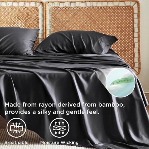 Bedsure Queen Sheets, Rayon Derived from Bamboo, Queen Cooling Sheet Set, Deep Pocket Up to 16, Breathable & Soft Bed Sheets, Hotel Luxury Silky Bedding Sheets & Pillowcases, Black