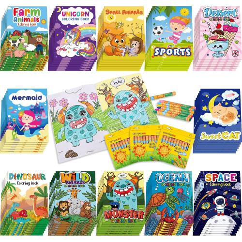 Fulmoon 144 Pcs Coloring Books with Crayons for Kids Bulk Dinosaur Animal Unicorn Space Mini Coloring Books for Toddler Ages 6  Birthday Party Favors Classroom Activity Supplies Crafts