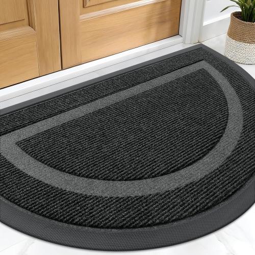 OLANLY Half Circle Front Door Mat Outside 29.5x17 All-Season Rubber Doormat | Black, Absorbent, Heavy-Duty, Stain and Fade Resistant, Waterproof Non-Slip Backing, Low-Profile Indoor Outdoor Entryway Mat
