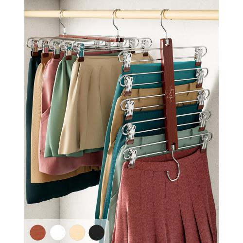 MORALVE Skirt Hangers Space Saving with Clips - 2 Pack - European Beechwood 5-Tier Hanger for Shorts, Skirts, and Pants - Closet Organizer and Storage Solution for Women with 360° Swivel Hook