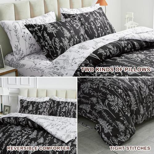 Joyreap 7 Piece Bed in a Bag, Botanical Bedding Set Queen Size Comforter Set for All Season- Black n White Reversible Design- 1 Comforter, 2 Pillow Shams, 1 Flat Sheet, 1 Fitted Sheet, 2 Pillowcases