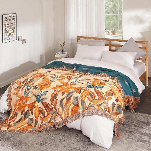 Size 90x98 Color Orange Boho Throw Blanket for Bed 90”x98”, 100% Cotton Woven Blanket for Couch Sofa, Ultra Soft 4-Layer Muslin Quilt with Floral Printed, Farmhouse Bed Blanket/Cover for Living Room Decor